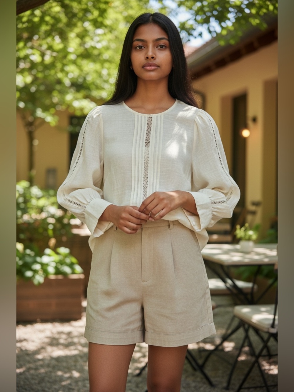 Women's Cream Long-Sleeve Lace-Trim Blouse